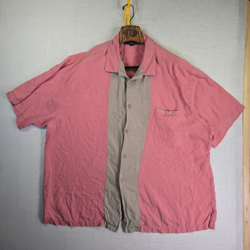 Nat Nast Bowling Shirt Mens XXL Silk Retro Lounge Short Sleeve Pink Tan Two Tone